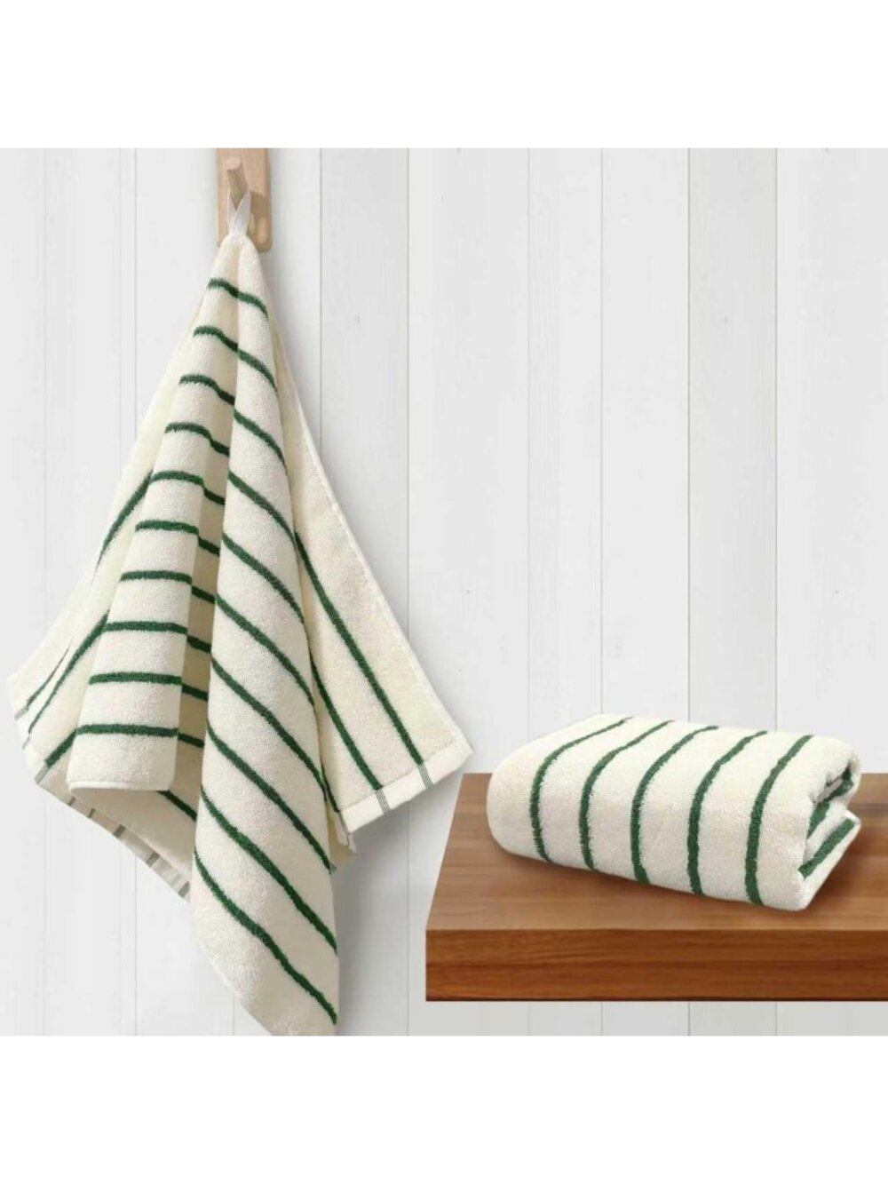 Set of 2 Green Stripe Cotton Hand Towels - Ultra Absorbent, Soft & Durable 13x28